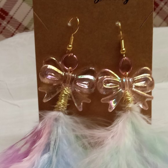 Home Made Handmade Feather & Metal Cat Multi Color Bow Earrings #41 - Picture 2 of 10